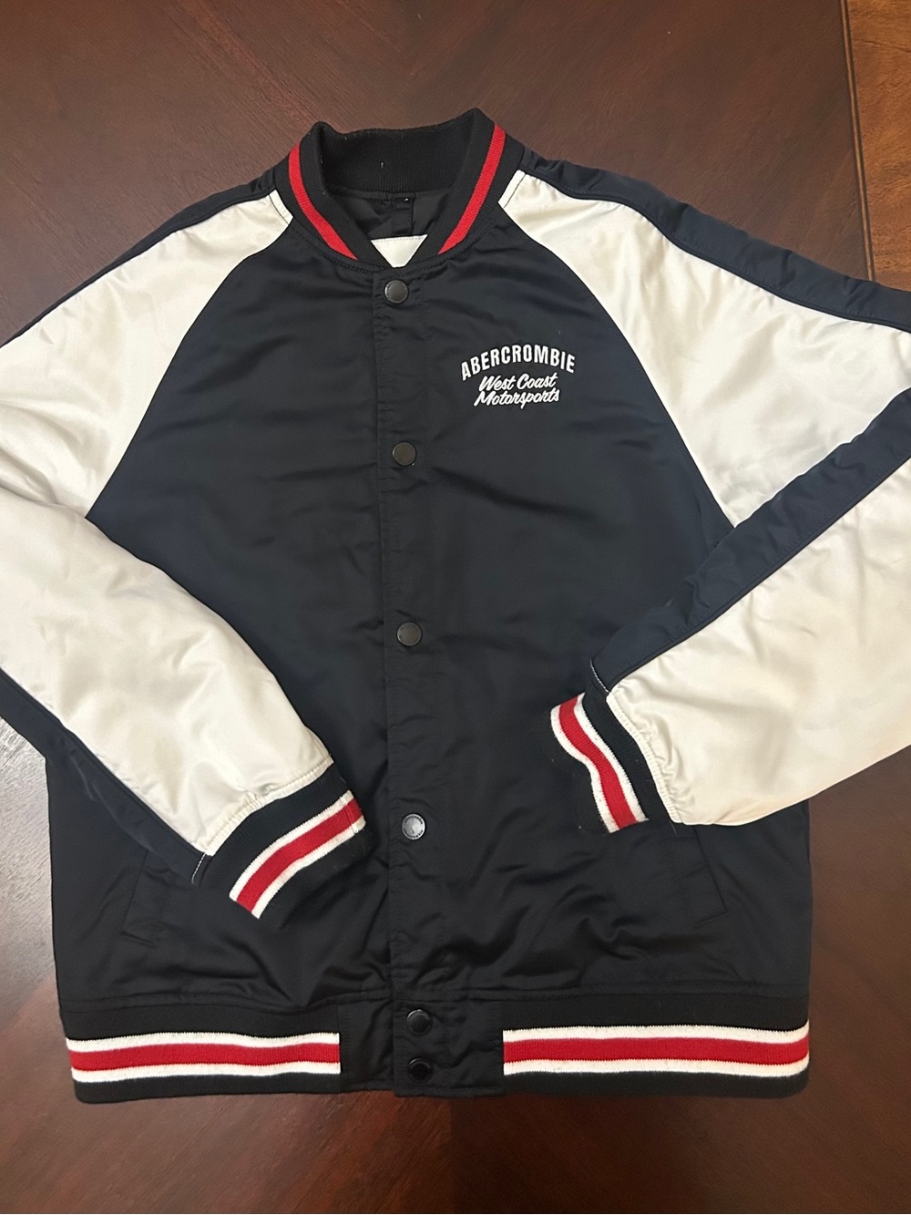Abercrombie Kids Racing Bomber Jacket Boys 11/12 Black Snap Front Coat